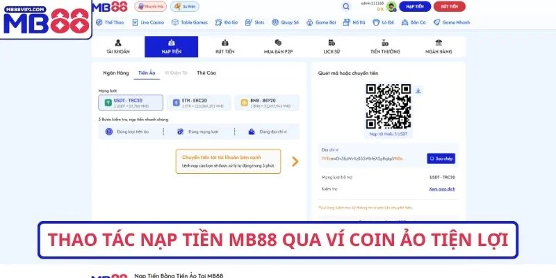 Thao tác nạp tiền MB88 qua ví coin ảo tiện lợi